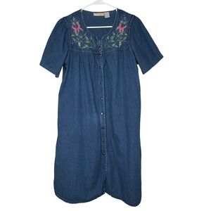 LA‎ CERA Womens Denim Midi Dress Embroidered Short Sleeve V Neck Button Front